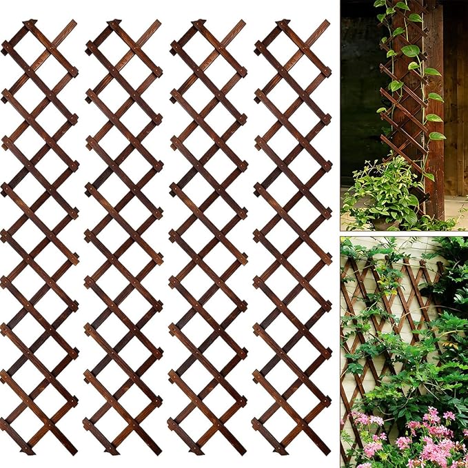 4Pcs Expandable Garden Trellis, 13" x 68" Thickened Wooden Lattice Trellis for Climbing Plants Outdoor Ivy Vine Rose Clematis for Garden Fence Wall Patio Room Decor (4Pcs Brown)