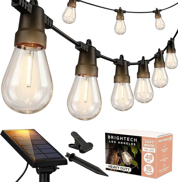 Brightech Ambience Pro Solar Powered Outdoor String Lights, 48 ft Commercial Grade Waterproof Patio Lights, 15 Edison Bulbs, Shatterproof LED String Lights for Outside, Porch - 1W Soft White