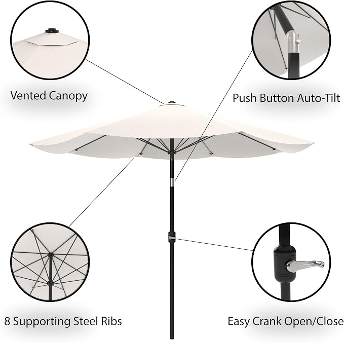 Pure Garden Patio Umbrella with Auto Tilt - 10ft Easy Crank Outdoor Umbrella with Vented Canopy for Deck, Balcony, Porch, Backyard, or Pool (Tan)