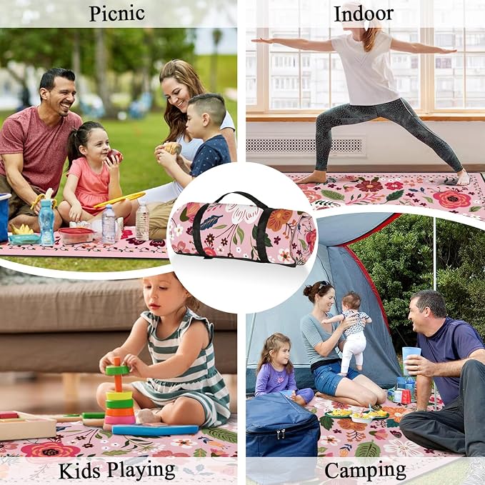 Picnic Blankets Waterproof Foldable Extra Large,80"x 80" Outdoor Beach Blanket Sandproof,3-Layer Lightweight Handy Mat Tote Picnic Camping Rugs for Outside Your Rv (Boho Vintage Floral Pink)