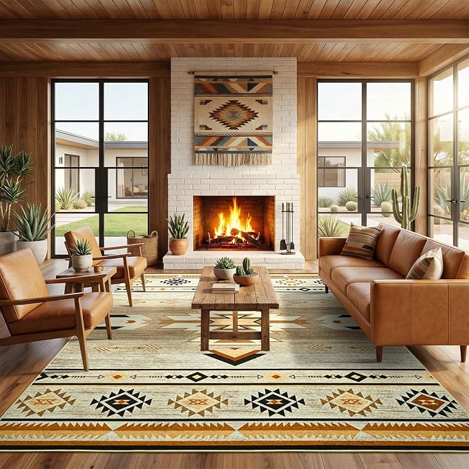 BENRON Western Area Rugs for Living Room Bedroom 4x6, Washable, Beige Brown | Non Slip Southwest aztec Rustic Rugs for Dining Table Kitchen Home Decor