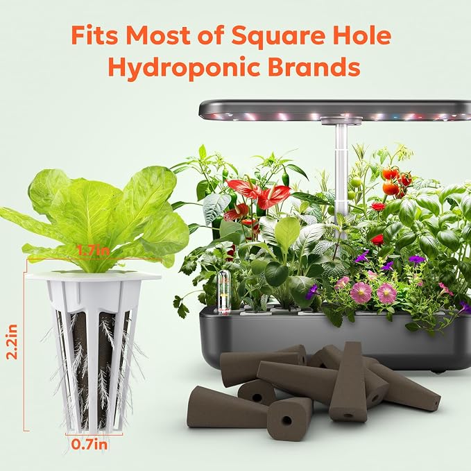 owltron 50 Pcs Hydroponic Seed Pods Kits, Grow Anything Kit Pod for Indoor Herb Garden with 12 Sponges, 2 A&B Nutrient Plant Food, 12 Baskets, 12 Stickers, 12 Germination Domes（Square)