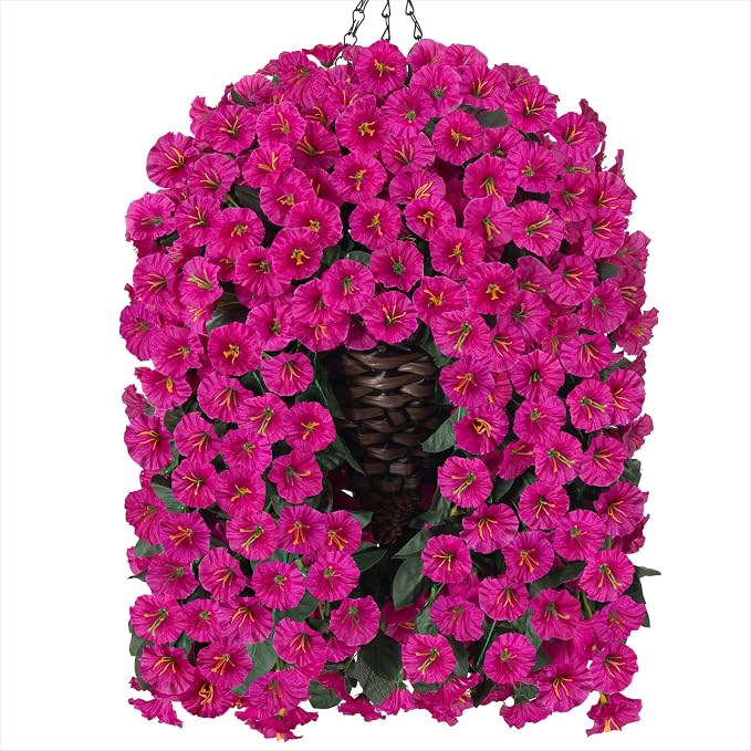 HyeFlora Artificial Fake Hanging Flowers Plants Baskets for Outdoor Outside Decoration, Faux Silk UV Resistant Realistic Fuchsia Morning Glory Planter for Home Porch Patio Balcony Garden Yard