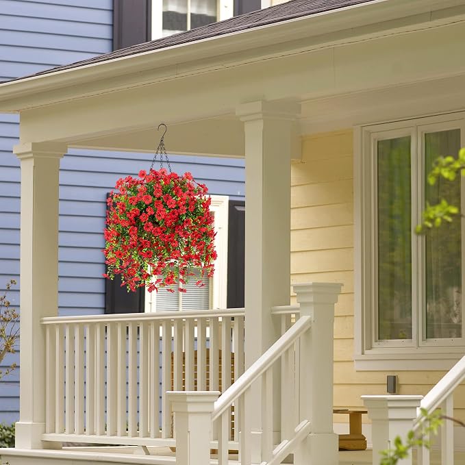 Ammyoo Artificial Fake Hanging Flowers with Basket for Outdoor Spring Decoration, Faux Silk Daisy Flower Real Touch Hanging Plants UV Resistant for Outside Porch Patio Garden Yard Home Decor(Red)