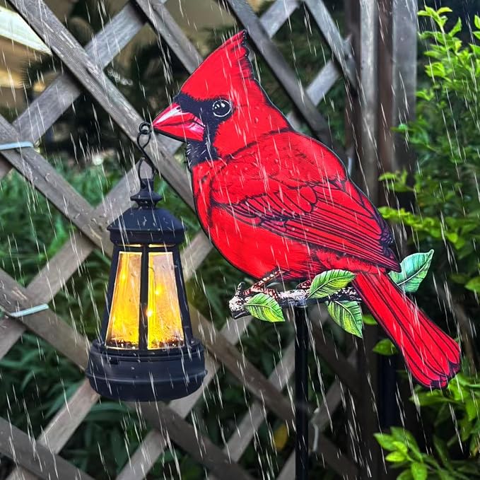 2 Pack Solar Lanterns Outdoor Decor Solar Bule Jay Lanterns Solar Cardinal Redbird Lights Metal Stake Yard Garden Decor Art Figurine Waterproof LED Lights Gifts for Mom Grandma Women (Red Bird)