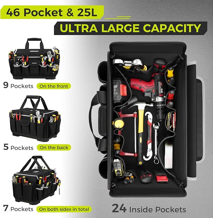 Heavy Duty Tool Bag 16-Inch, 46 Pockets Electrician Tool Bag for men with Hard Bottom & Waterproof Pocket, 1680D Tear-Proof Toolbox Organizer for HVAC Mechanic, Father Day Dad Gift Black