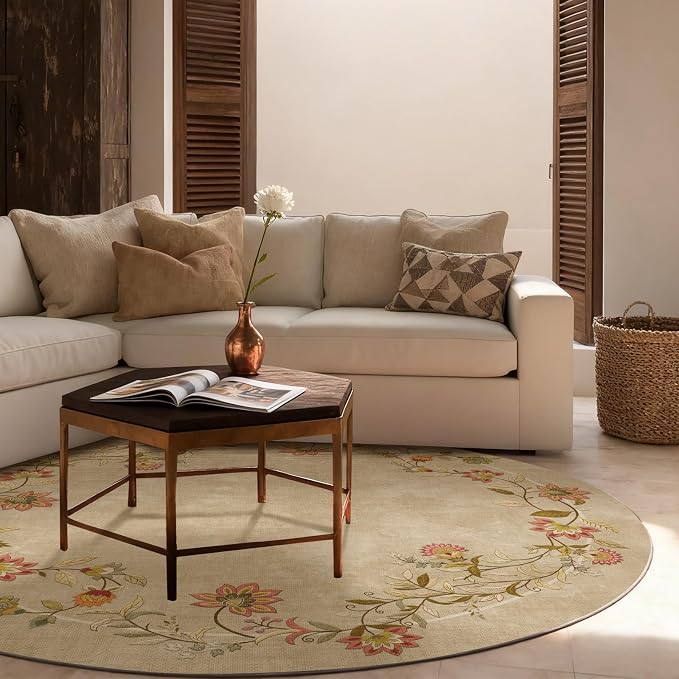 Washable Bedroom Round Rug 4ft: Living Room Circle Rug Stain Resistant Non Slip Low Pile Soft Faux Wool Small Area Rugs for Bedroom Kitchen Bathroom Entryway Kids Room Entrance Nursery Dorm Office