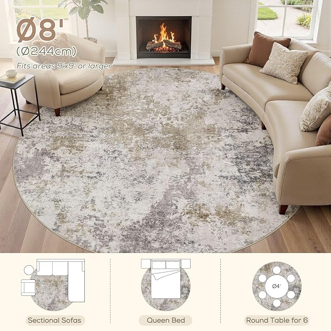 Nakagishi 8X8 Abstract Washable Area Rugs for Living Room-Brown Grey | Modern Non-Slip Silicone Backing Low Pile Soft Carpet for Bedroom Dining Decor Ideal for Families with Kids and Pets