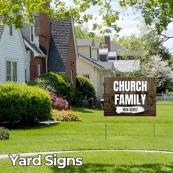 Church Family - Join Ours! Yard Sign by DC | 24"x18" Double Sided Church Garden Sign with 13” Metal Stakes | Outdoor Signs Waterproof for Lawn, Patio, Sidewalk & House | Set of 3 | Made in USA