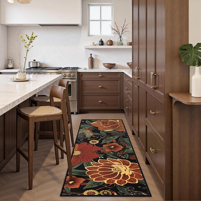 Tyrot Vintage Black Boho Floral 2x6 Washable Kitchen & Hallway Runner Rug Ultra-Thin Flat Woven Low Pile Botanical Runner Rug Non-Slip Indoor Butterfly Runner for Entryway, Laundry, Bathroom Bedroom
