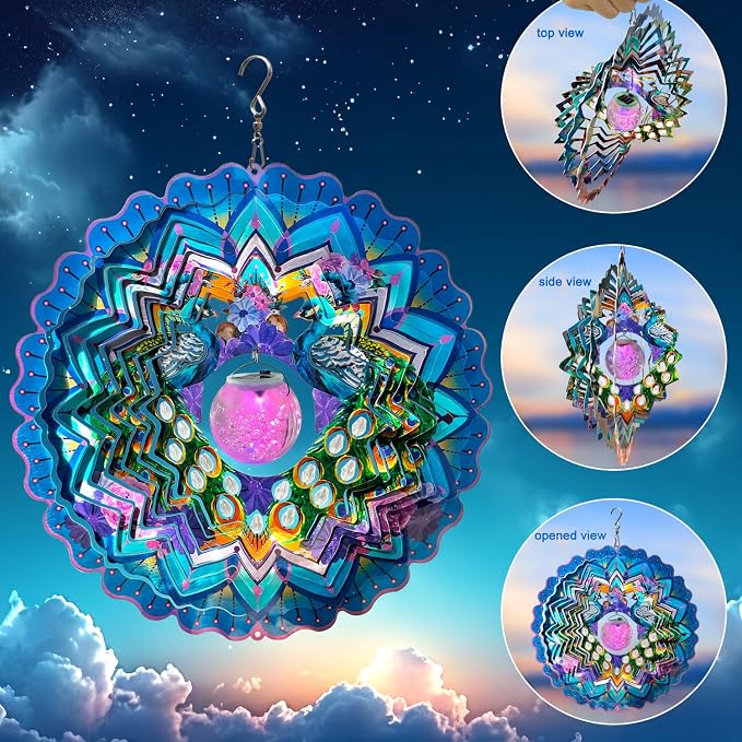 FONMY Solar Wind Spinner Mandala Peacock Christmas Decoration Worth Gift 3D Stainless Steel Hanging Wind Spinners Indoor/Outdoor Garden Décor Kinetic Yard Art 12 Inches Multi Blue Wind Sculpture