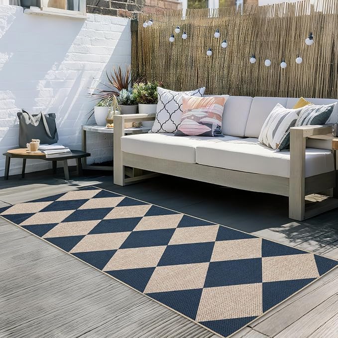 GarveeHome Easy Jute Rugs 2x8 Checkered Kitchen Runner Rugs Non Skid Washable Stain Resistant Indoor Outdoor Rugs for Living Room, Bedroom, Dining, Patio - Farmhouse Style Navy Blue