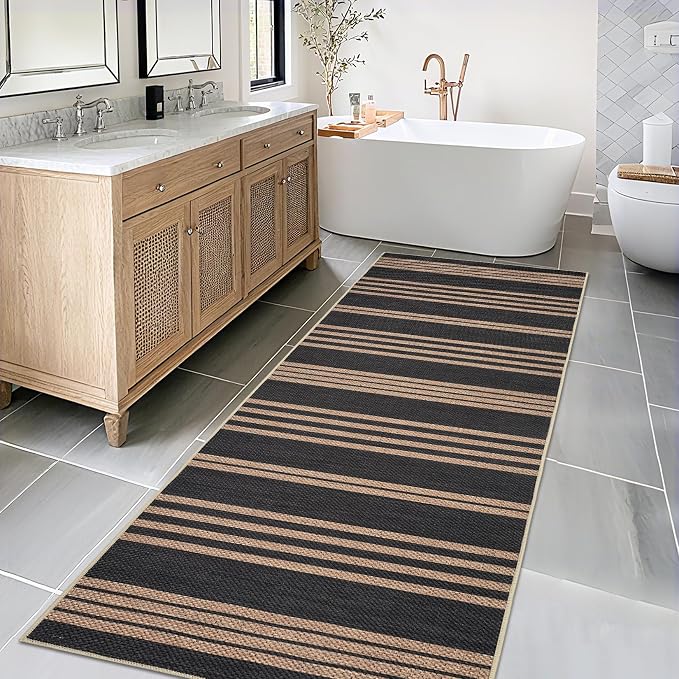 Garvee 2x6 Easy Jute Kitchen Rugs Washable Rugs for Hallway, Black & Brown | Modern Line Print Area Rug Stain Resistant Easy Cleaning Throw Rugs Low Pile Floor Cover for Bedroom Laundry