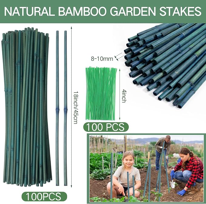 Suclain 100 Pcs 18 Inch Bamboo Stakes for Plant Support Bamboo Sticks Poles Indoor and Outdoor Tall Garden Stakes with 100 Twist Ties for Tomato Bean Flowers Trees Potted and Climbing Plant Support