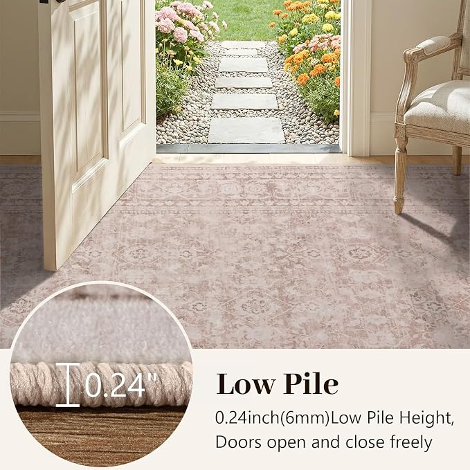 8x10 Ft Large Area Rugs for Living Room, Soft Non-Slip Machine Washable Rug, Vintage Stain Resistant Carpets for Bedroom Nursery Dining Room Home Decor (Grey Pink)