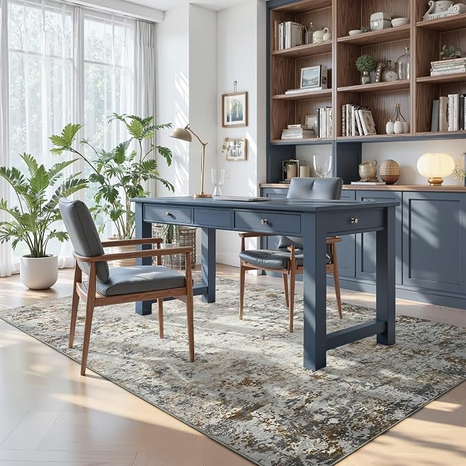 Toneed 4x6 Washable Area Rugs for Bedroom Living Room, Brown Grey Gold | Abstract Non Slip Soft Modern Low Pile Rug for Kitchen Hallway Office,Indoor Carpet for Kids Nursery Home Decor