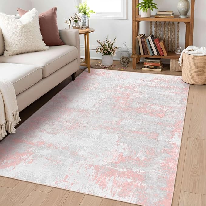 Latte&Fog 3x5 Entryway Pink Area Rugs, Modern Abstract Washable Rugs | for Girls Bedroom Dining Kitchen Kids Playroom Nursery Classroom Dorm Farmhouse Office, Non Slip Low Pile Soft Floral Carpet