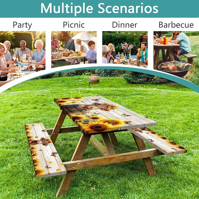 Sunflower Cow Picnic Table Cover with Bench Covers and Bag, Cute Calf Wooden Camper Waterproof Windproof, Fitted Tablecloth Cover with Elastic Edge, for Indoor & Outdoor, Garden, Camping, 30x96 Inch