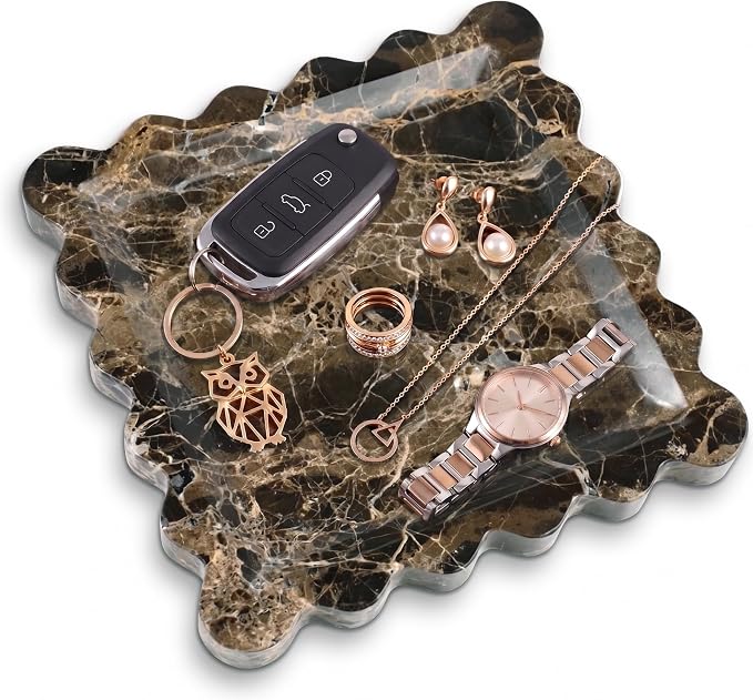 Scalloped Square Marble Decorative Tray, Natural Stone Vanity & Jewelry Tray, Trinket Organizer for Ring, Key, Dresser, Nightstand, Bathroom Counter & Kitchen Sink(Dark Brown Net)