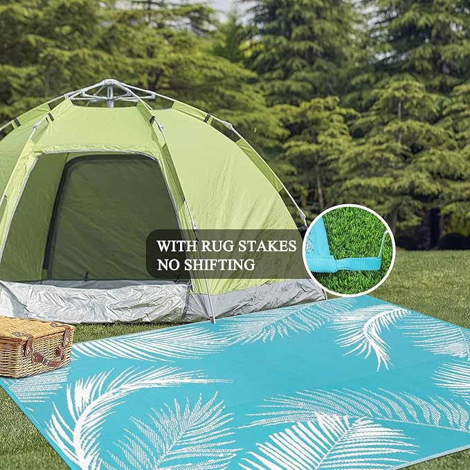 Pauwer Waterproof Outdoor Rug 8x10, Reversible Plastic Straw Patio Camping Rug, Indoor Outdoor RV Mat Carpet for Deck, Camper, Porch, Balcony, Backyard, Picnic, Leaf Teal