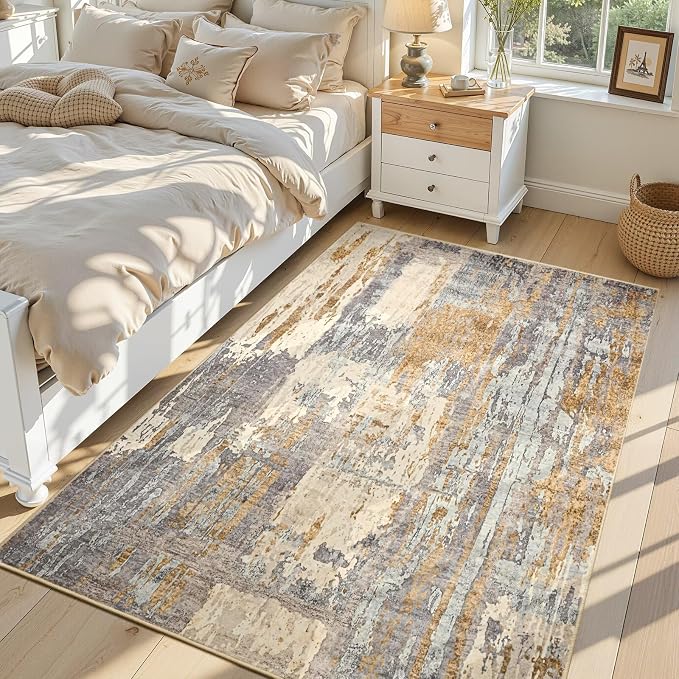 Toneed 4x6 Washable Non Slip Abstract Area Rugs for Bedroom Living Room | Soft Modern Low Pile Rug for Kitchen Hallway Office,Indoor Carpet for Kids Nursery Home Decor, Camel
