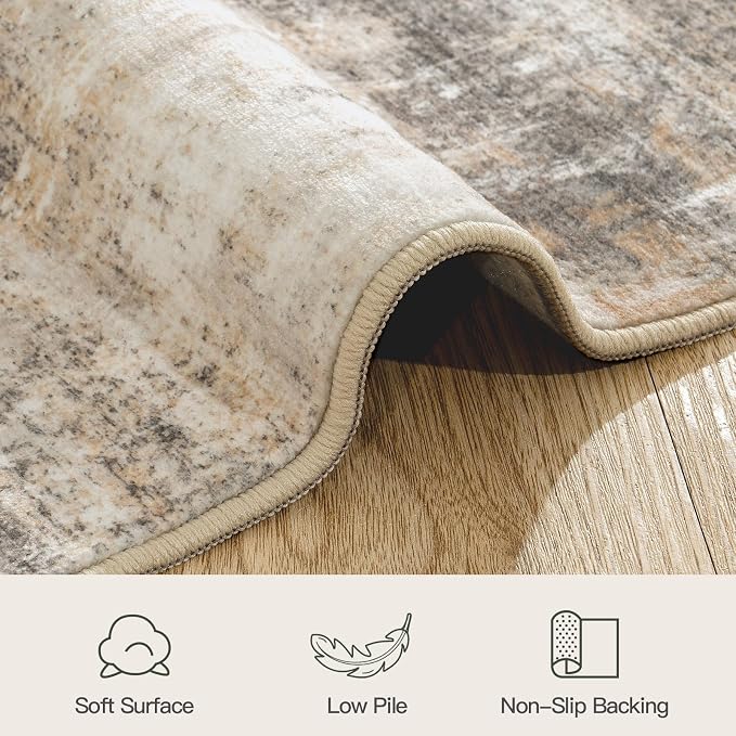 4ft Area Rug for Living Room, Abstract Washable Non-Slip Large Rugs, Gold | Soft Neutral Carpet for Bedroom, Dining Room, Home Office Nursery Indoor, Stain Resistant, Low Pile, Foldable Modern Rug