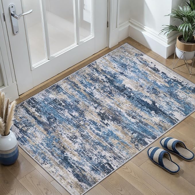 Tangsoo Abstract 2x3 Washable Rugs for Entryway, Small Area Rug Non Slip | Modern Low Pile Soft Throw Rugs, Contemporary Indoor Front Door Mat Rug for Entrance Entry Foyer Kitchen Blue Grey Home Decor