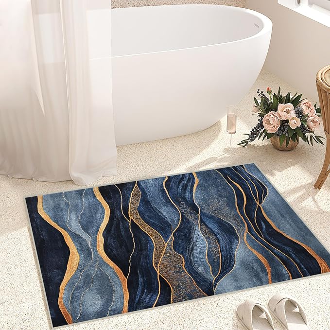 Abstract Area Rug Washable 2x3 Rugs for Living Room Bedroom Modern Navy Blue and Gold Non-Slip Soft Floor Large Carpet for Office Entryway Bathroom