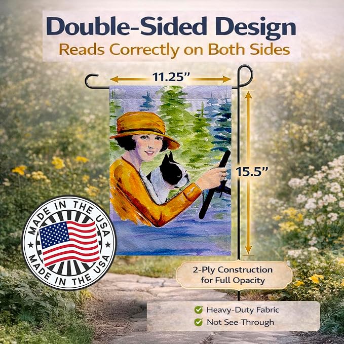 Caroline's Treasures SS8534GF Woman Driving with her Boston Terrier Garden Flag Mailbox Flag Decorative Yard Flag Banner Outside Patio Artwork Yard Flower Beds, Garden Size, Multicolor