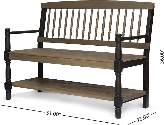 Great Deal Furniture Christopher Knight Home Daphne Outdoor Acacia Wood Bench with Shelf, Gray and Black Finish