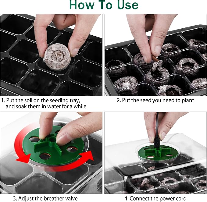 Hahood 6 Pack Seed Starter Tray Kit with Grow Light and Humidity Dome Germination Trays with 72 Peat Pellets, Plant Labels, Gardening Tools, Plant Growing Trays for Seeds Growing Starting, Black