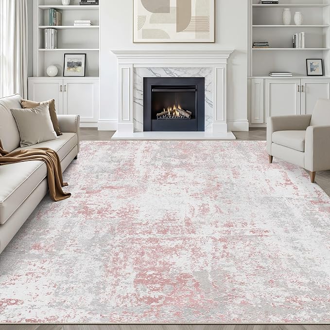 LOONGRUG 7x9 Area Rug Washable Neutral Modern Rug for Living Room Pink Gray | Abstract Soft Stain Resistant Indoor Non-Slip Carpet for Bedroom Nursery Kids Office Playroom Dining Room