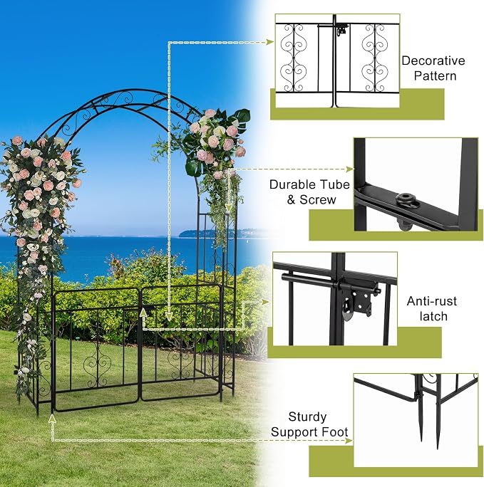 Garden Arch Trellis with Gate, Heavy-Duty Steel Frame Support Arbour Archway for Climbing Plant, Rose Vines, Vegetables, Outdoor Decoration for Lawn Backyard Party Wedding, Arc Top
