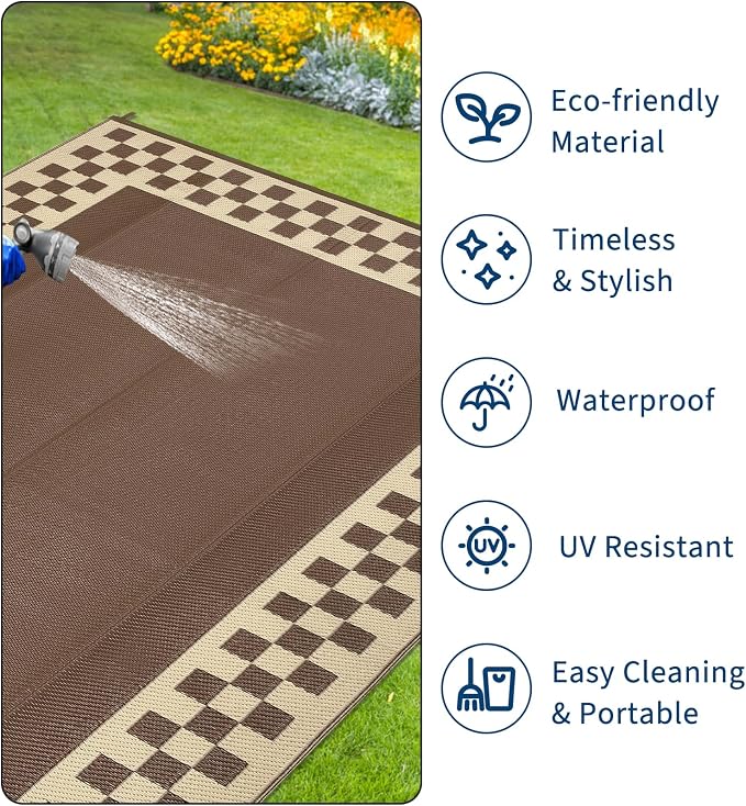 Outdoor Rug 8x10 Waterproof Patio Rugs Modern Geometric Border Reversible Mat for Front Door Rv Foldable Plastic Straw Carpet for Travel Trailers, Deck, Porch, Camper, Balcony, Beach，Brown