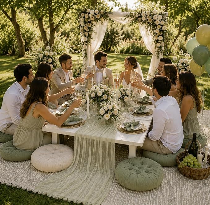 Cinrobiye Boho Picnic Party Set for Outdoor, Aesthetic Picnic Setup with Large Picnic Blanket, Floor Cushions, Table Runner, Napkins, Balloons for Wedding, Bridal Shower, Birthday(Green)