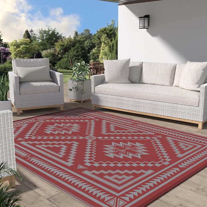GENIMO Outdoor Rug for Patio Clearance - 6x9 ft Waterproof Plastic Camping Rugs, Reversible Outside Rv Mat Carpet for Porch, Deck, Picnic, Balcony, Beach, Backyard, Red Grey