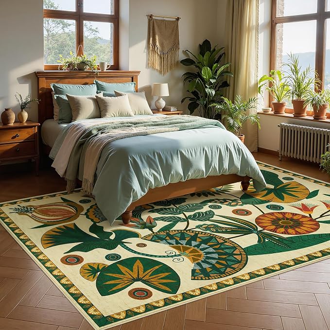 Joydeco Washable Egypt Floral Beige 5x7 Area Rugs for Living Room Bedroom | Boho Botanical Colorful Non Slip Stain Resistant Flower Indoor Carpet for Dining Room Office Entryway Guest Room Playroom