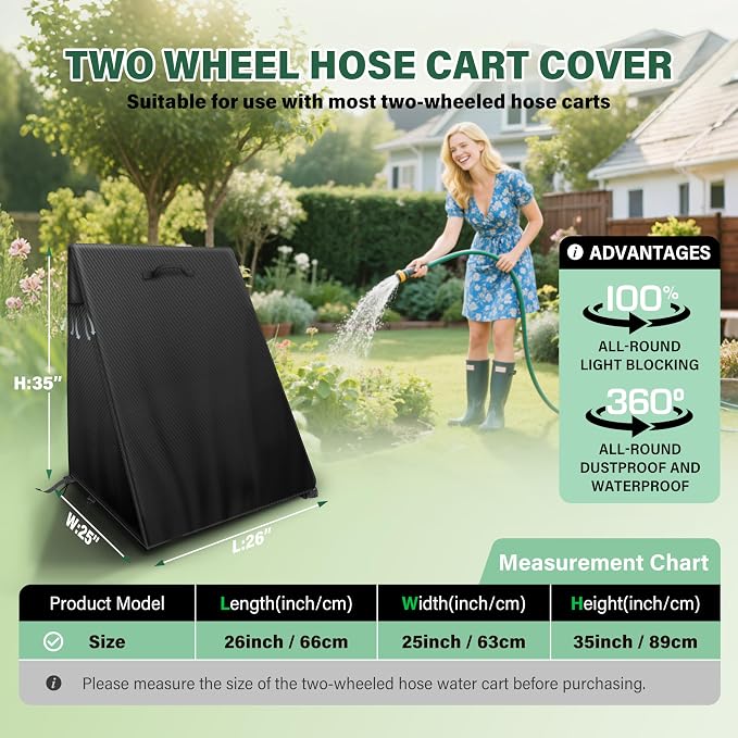 2-Wheels Garden Hose Reel Cart Cover – Weather-Resistant Protective Cover for Outdoor Hose Reels & Carts, Protects Against Sunlight, Rain, Snow, Sandstorms – Black