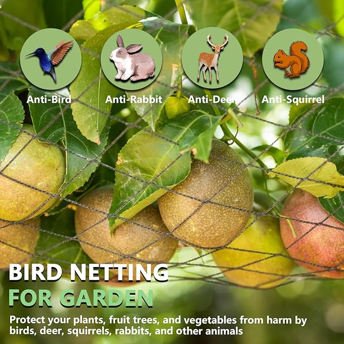 Bird Netting for Garden 7.5 x 65 FT Heavy Duty Black Garden Netting for Fruit Trees, Chicken Coop, Pond, Blueberry Bushes, Poultry & Deer Netting, HDPE Plant Protection Net Fence with Ties