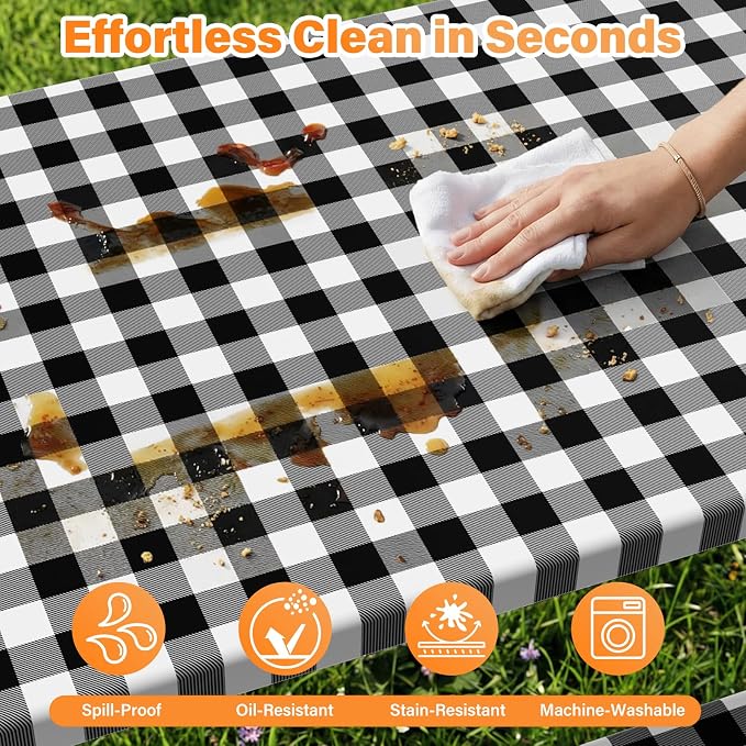 HappyTrends Fitted Picnic Table Cover with Bench Covers - 6FT Dual Layer Waterproof Camping Tablecloth with Windproof Elastic Edging & Bag, Washable RV Camping Essentials (72x30in, Black & White)