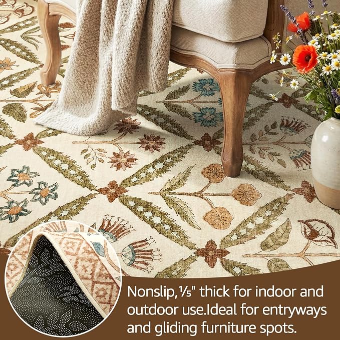 jinchan Runner Rug 2x5 Vintage Floral Washable Hallway Area Rug, Terracotta | Soft & Lightweight, Checkered Floral, Low Pile, Non Slip, Entryway, Kitchen, Bedside, Laundry Room, Cottage Decor