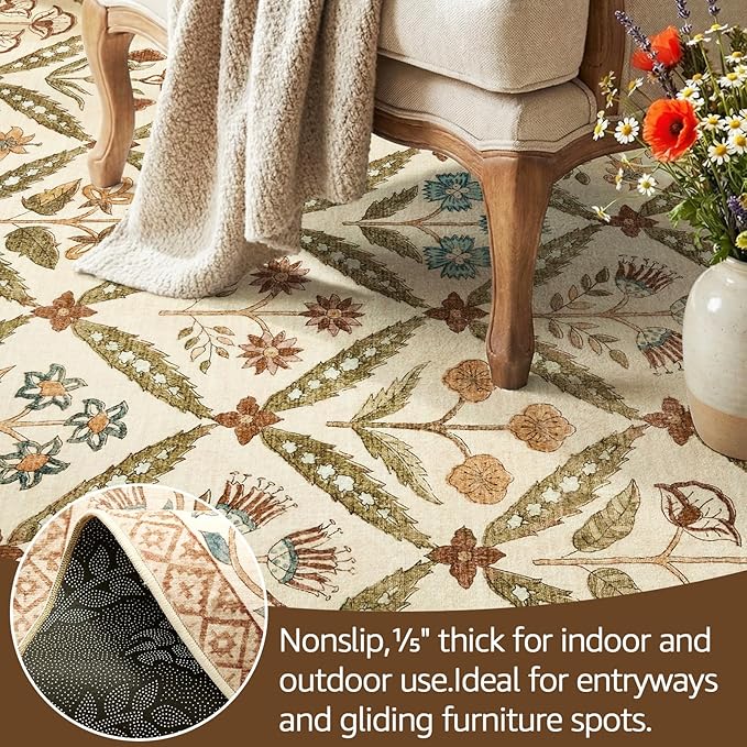 jinchan 5x7 Vintage Floral Washable Living Room Area Rug, Terracotta | Soft & Lightweight, Checkered Floral, Low Pile, Non Slip, Bedroom, Dining Room, Girls Room, Home Office, Cottage Decor