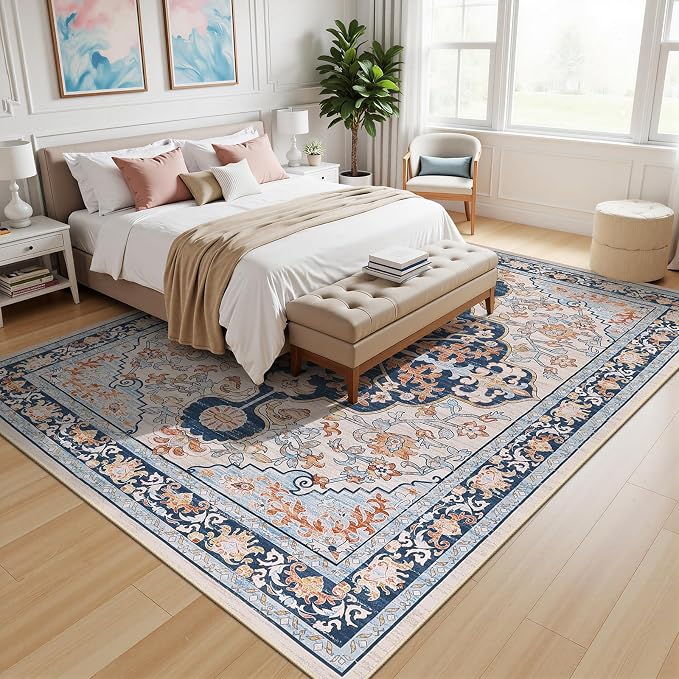 U'Artlines Boho Vintage Area Rug 8x10 Machine Washable Carpet, Orange Blue | Low Pile, Non Slip, Ultra-Thin Soft Floor Carpet, Accent Rug for Living Room Bedroom Entryway Dining Room Office