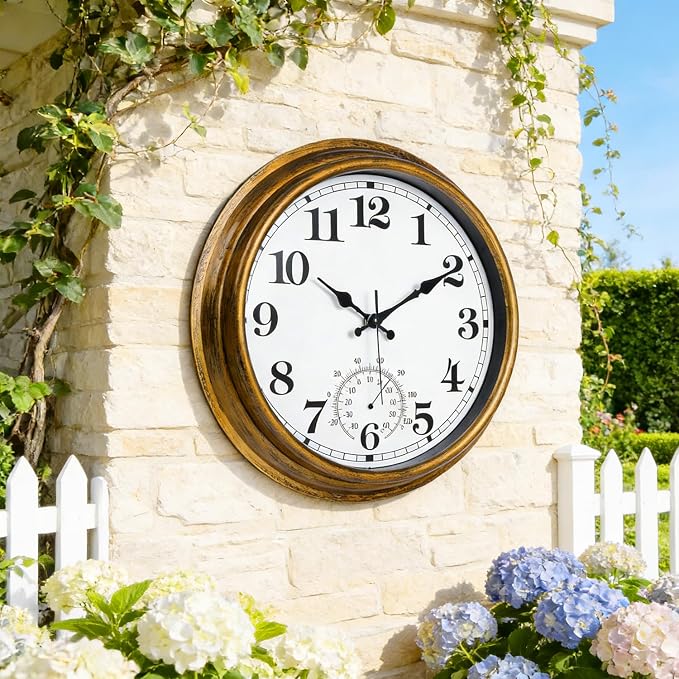 16 Inch Large Outdoor Clock Retro Waterproof Clock Non-Ticking Indoor/Outdoor Wall Clock with Thermometer, Battery Operated for Pool, Patio, Garden, Bronze