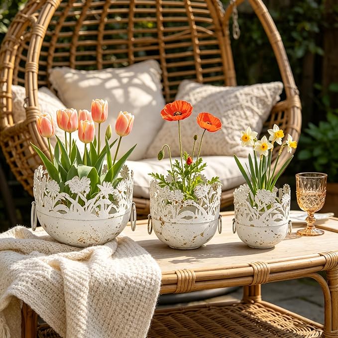 Vintage Metal Planter Set of 3, Rustic Distressed Flower Pots with Handles Farmhouse Floral Cutout Plant Containers for Indoor & Outdoor Garden Decor