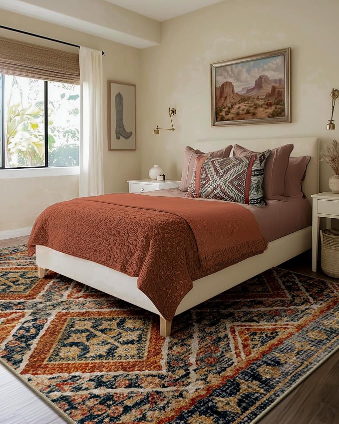 Area Rug 8x10 Rug Machine Washable Non-Slip Low Pile Print Pattern Western Rug for Living Room Bedroom Entryway Tribal Series -Orange/Brown | Soft Western No Slip Low Pile Print Foldable Indoor for Kitchen Dining Room