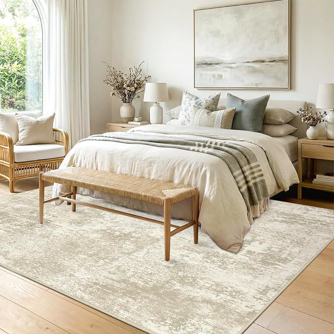 RELEANY Washable 6'x9' Abstract Area Rug for Living Room Cream Beige | Carpet for Bedroom, Kitchen, Office, Hallway and Entryway, Printed Pattern, Non‑Slip, Soft, Stain‑Resistant, Easy to Clean