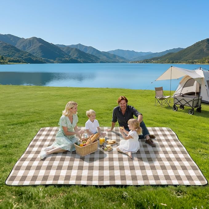 TigeJoy Extra Large Picnic Blanket Waterproof Foldable 60''x80'', Outdoor Picnic Mat Beach Blanket Sandproof for Park, Grass, Travel, Hiking, Camping Essentials, Gingham Picnic Blanket