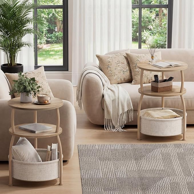 Round Side Table with Storage Basket, End Table Living Room | 3-Tier Bedside Table, Corner Table for Small Room, Bedroom, Garden, 15.75in Couch Side Table with Cat Bed, Accent Table