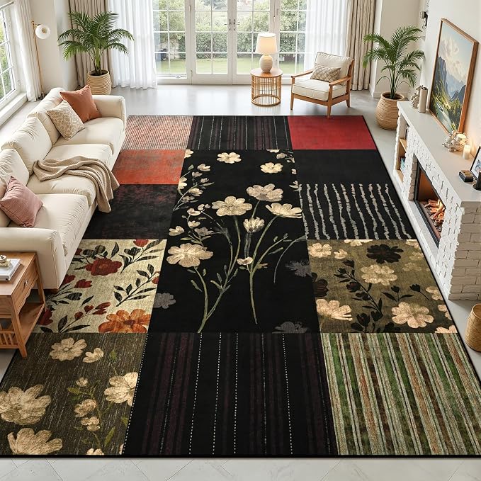 DweIke Floral Rugs for Living Room, 6x9 Washable Area Rug for Dining Room Farmhouse Office Bedroom Decor, Geometric Patchwork Stain Resistant Low Pile Indoor Floor Throw Rugs, Black Colorful